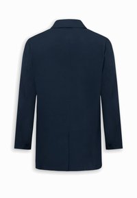 Dunkel marineblaues, maßgeschneidertes Herrenblazer mit langen Ärmeln und Kragen, von hinten gezeigt.