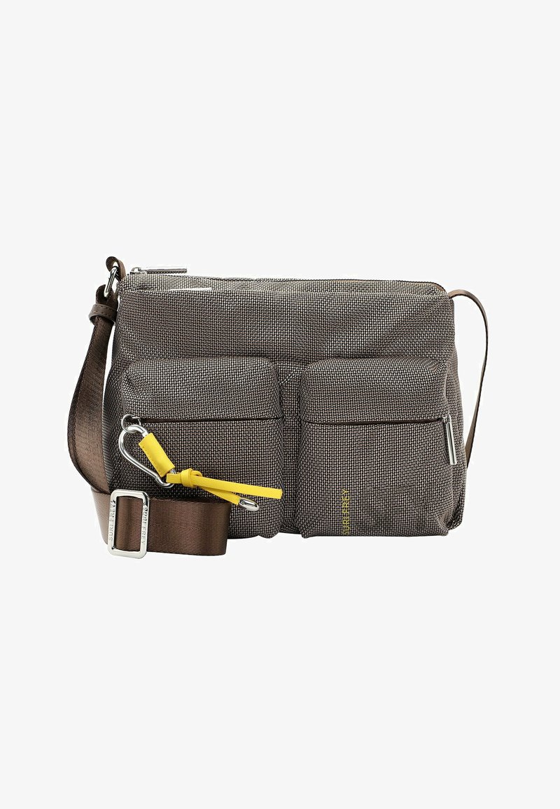 Brown textured crossbody bag with front zippered pockets, adjustable strap, and yellow accent detail. Durable material with a modern design.