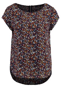 Blouse florale à manches courtes, fond marine, avec des fleurs multicolores. Ourlet arrondi avec un subtil zip au dos.