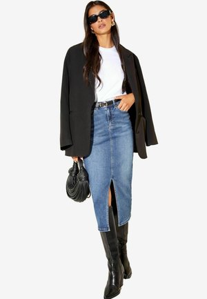 Friends Like These SPLIT FRONT MIDI - Denim skirt - blue