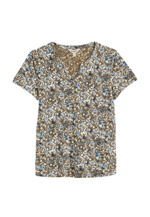 Hellbraunes Kurzarmhemd mit blau-weißem Blumenmuster und rundem Ausschnitt mit kleinem V-Schlitz vorne.