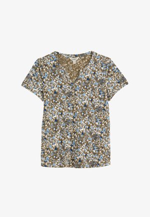 Hellbraunes Kurzarmhemd mit blau-weißem Blumenmuster und rundem Ausschnitt mit kleinem V-Schlitz vorne.