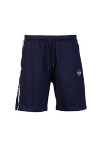 Marineblaue Baumwollshorts mit elastischem Bund, Kordelzug, Seitentaschen und weißen Streifen an den Seiten. Logo auf der Vorderseite.
