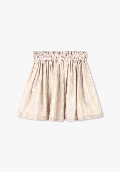 Jupe beige clair avec une taille élastique froncée, présentant un motif gaufré subtil et une texture fluide.