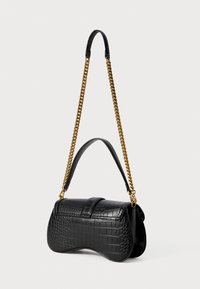 Black leather handbag with crocodile texture, structured shape, gold chain and leather strap accents, and flap closure detail.