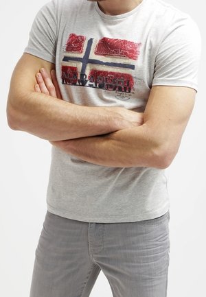 Mand iført lysegrå t-shirt med slidt norsk flag og teksten "Napapijri", armene krydsede, kombineret med lysegrå bukser.