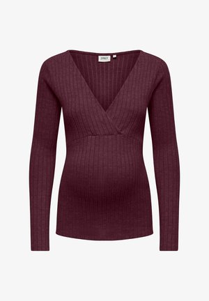 Graviditetsstrik i dyb bourgogne, med ribbet tekstur, lange ærmer og V-udskæring med krydslå foran.