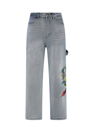 Light blue denim jeans with a straight cut, featuring side pockets and colorful embroidered design on the left leg.