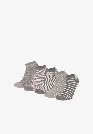 Five pairs of low-cut socks in shades of gray with different patterns: leopard, zebra, thin stripes, polka dots, and wide stripes.