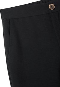 Pantaloni neri su misura con una texture liscia, dotati di una chiusura con un singolo bottone e profonde tasche laterali.