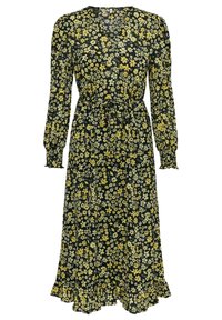 Vestido maxi negro con flores que presenta manga larga, escote en V, cintura ceñida con un lazo y un dobladillo con volantes con flores amarillas y blancas.