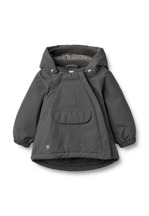 Gray windbreaker with a hood, elastic cuffs, front pocket, and checkered lining. Made from water-resistant material. Features snap closures.