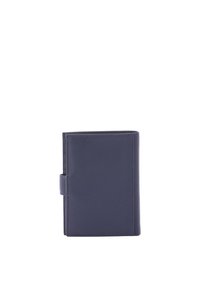 Portafoglio in pelle blu navy con una texture liscia, forma rettangolare e una chiusura laterale per una chiusura sicura. Design minimalista con linee pulite.