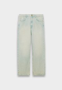 Jeans de culoare albastru deschis, cu talie înaltă și design drept. Prezintă un stil clasic cu cinci buzunare și o decolorare subtilă pe întreaga țesătură.