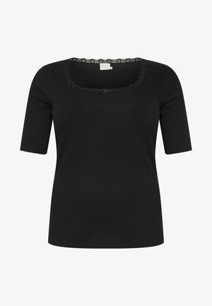 Svart ribbad topp med rundad halsringning, prydd med spetsdetaljer längs kanten och korta ärmar, tillverkad av mjukt bomullsblandat tyg.