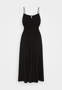 Vestido midi preto com alças finas ajustáveis, cintura franzida e saia fluida. Material suave com uma cor sólida e sem padrões.