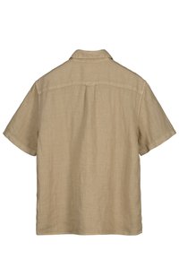 Beige lyhythihainen pellavapaita, jossa on levitetty kaulus, näkyvä takasauma ja pieni keskilohkon laskos.