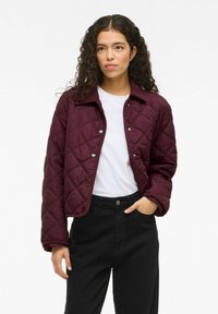Burgundy quilted jacket featuring a snap-button front, ribbed collar, and relaxed fit, worn over a white shirt and black pants.