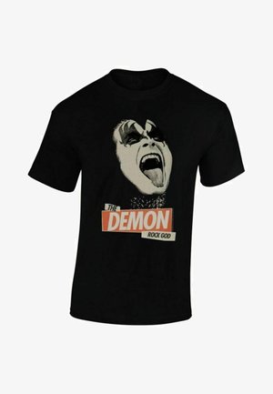 Zwarte katoenen T-shirt met een grote grafische afbeelding van een gezicht met gezichtsschildering, een open mond, en de tekst "DE DEMON ROCK GOD" in felle kleuren.