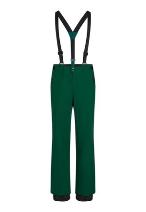 Green snow pants with black adjustable suspenders, zippered pockets, a straight cut, and reinforced hems for durability. Smooth texture.