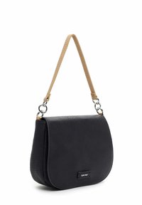 Black leather shoulder bag with a textured surface, featuring a curved shape, gold hardware accents, and a tan strap.