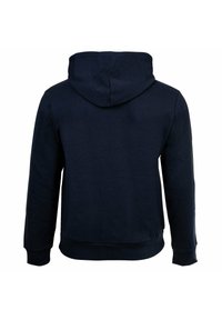 Marineblaues Hoodie, weiche Baumwollqualität, geräumige Kapuze, lange Ärmel, gerippte Bündchen und Saum, einfarbige Textur, keine sichtbaren Logos oder Muster.