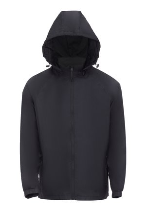 Veste noire à capuche avec fermeture éclair sur le devant, poignets élastiques et deux poches latérales. Fabriquée en matériau léger et résistant à l'eau.