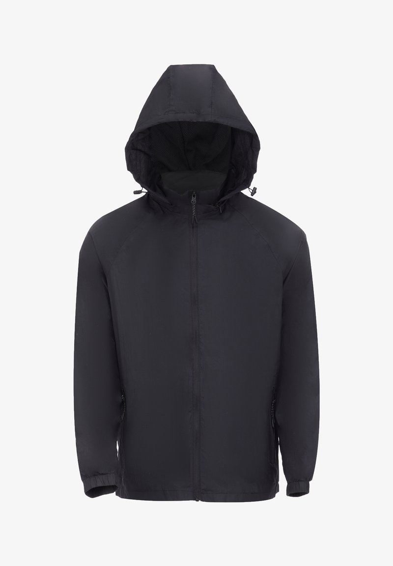 Black hooded jacket featuring a front zipper, elastic cuffs, and two side pockets. Made from lightweight, water-resistant material.