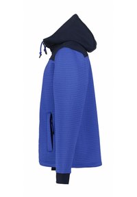 Felpa blu testurizzata con cappuccio blu navy, tasche laterali con zip e polsini. Presenta coulisse per una vestibilità regolabile.