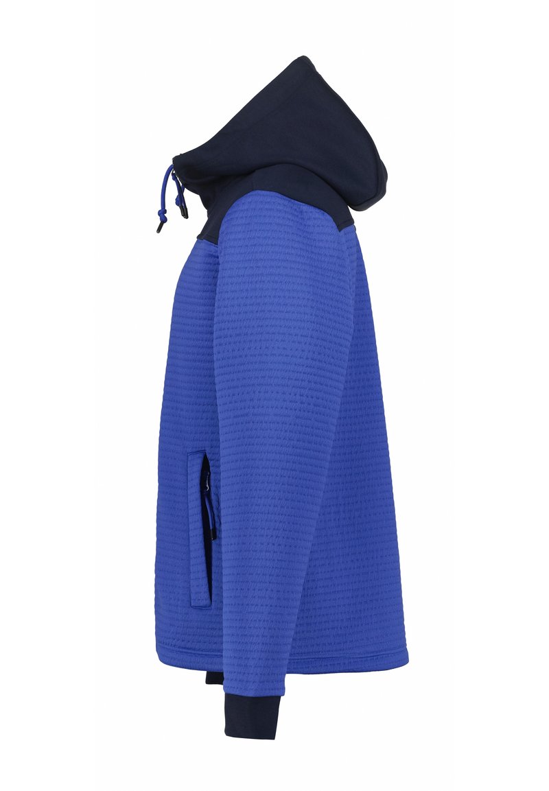Niebieska, teksturowana bluza z kapturem w kolorze granatowym, z zamkami błyskawicznymi w bocznych kieszeniach i ściągaczami. Posiada sznurki do regulacji dopasowania.