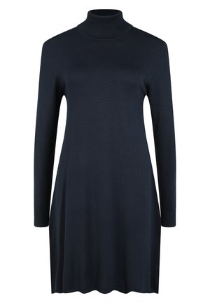 Adīta tumši zila kleita ar augstu kaklu, garām piedurknēm un brīvu siluetu. Gluda tekstūra un maiga, vienkrāsaina nokrāsa.