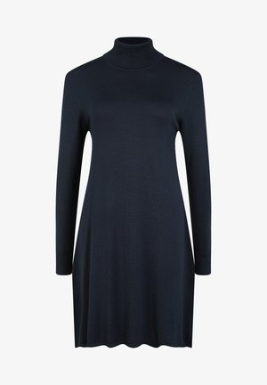 Dzianinowa granatowa sukienka z wysokim golfem, długimi rękawami i luźnym krojem. Gładka tekstura i subtelny, jednolity kolor.