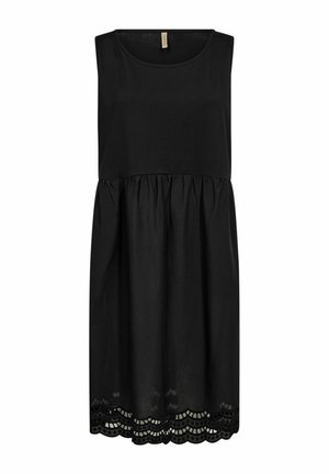 Rochie midi neagră fără mâneci, cu talie adunată și detalii cu dantelă în formă de valuri la tiv, confecționată dintr-un material ușor.