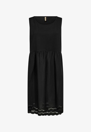 Black sleeveless midi dress with gathered waist and scalloped lace hem detailing, made from lightweight fabric.