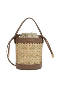 Borsa a secchiello rotonda in vimini e ecopelle marrone, con chiusura beige a coulisse e dettaglio logo in tono oro.