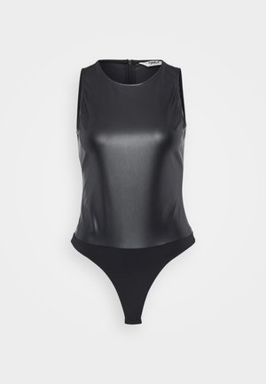 Body negru fără mâneci, realizat dintr-un material lucios, având guler înalt, spate complet și design cu fundă thongs pentru o siluetă elegantă.