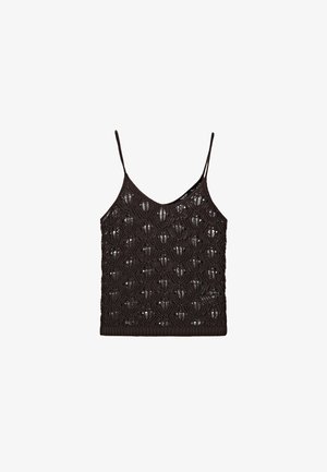 Top nero lavorato a maglia all'uncinetto senza maniche con sottili spalline e motivo in pizzo smerlato.