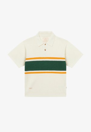 Kreemikas lühikeste varrukatega kudumispolo särk tekstureeritud kangast, rinnal rohelised, kollased ja valged horisontaalsed triibud ning ees kaks nuppu.