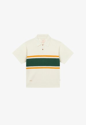 Kreemikas lühikeste varrukatega kudumispolo särk tekstureeritud kangast, rinnal rohelised, kollased ja valged horisontaalsed triibud ning ees kaks nuppu.