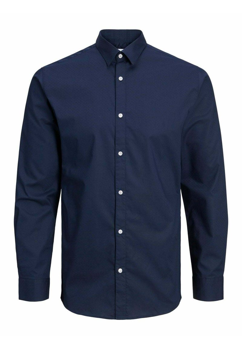 Camicia blu navy con bottoni realizzata in un tessuto testurizzato, dotata di colletto a punta e maniche lunghe con polsini abbottonati.