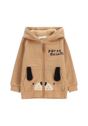 Jasnobrązowy dziecięcy hoodie z zamkiem błyskawicznym z przodu, czarnymi detalami kieszeni w kształcie uszu, wzorem z psem oraz napisem "party animal" na klatce piersiowej.