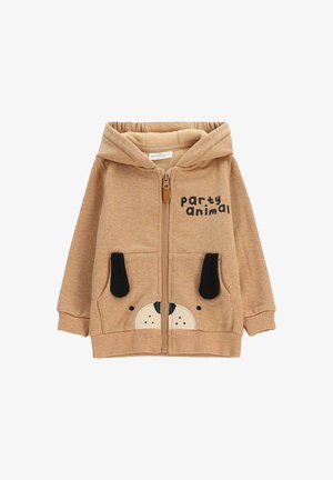 Jasnobrązowy dziecięcy hoodie z zamkiem błyskawicznym z przodu, czarnymi detalami kieszeni w kształcie uszu, wzorem z psem oraz napisem "party animal" na klatce piersiowej.
