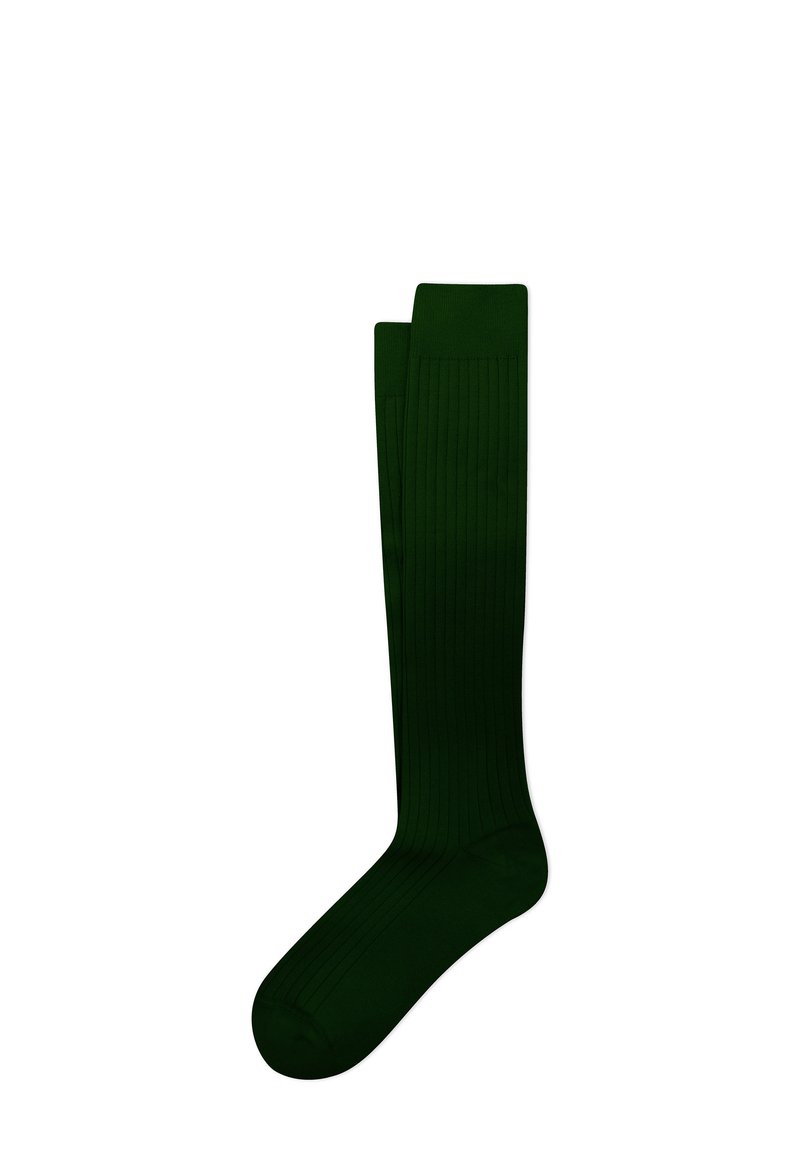 Calze alte fino al ginocchio di colore verde scuro con texture a costine, finitura liscia e punta rinforzata. Design semplice, adatte per uso formale o casual.