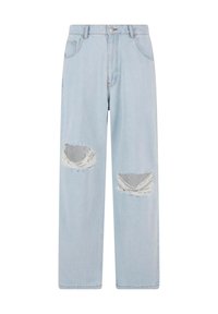Light blue denim jeans with wide leg cut, featuring two distressed patches with frayed edges. Includes standard button and zipper closure.