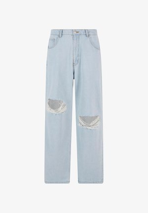 Hellblaue Jeans aus Denim mit weitem Beinschnitt, ausgestattet mit zwei abgenutzten Patches mit fransigen Kanten. Enthält einen standardmäßigen Knopf- und Reißverschluss.