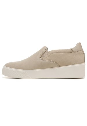 Beige slip-on sneaker with a suede upper, white rubber sole, and elastic side panels. Features a smooth texture and minimalist design.