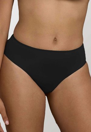 Slip da bagno nero a vita alta con tessuto liscio, cuciture minime e taglio classico per una vestibilità sicura. Adatto a vari tipi di corpulenza.