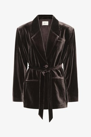 Samtblazer in Dunkelbraun mit Reverskragen, Ein-Knopf-Verschluss, taillierter Taille und zwei vorderen Taschen; glatte Textur, taillierte Passform.