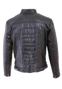 Schwarze Leder-Motorradjacke mit strukturiertem Rücken, gepolsterten Schultern und Reißverschlussmanschetten. Verfügt über ein tailliertes Design und seitliche Hardware-Akzente.