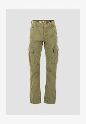 Olívazöld cargo nadrág, pamutból készült, több oldalsó zsebbel, egyenes lábszárral és erős derékpánttal, gombos záródással.